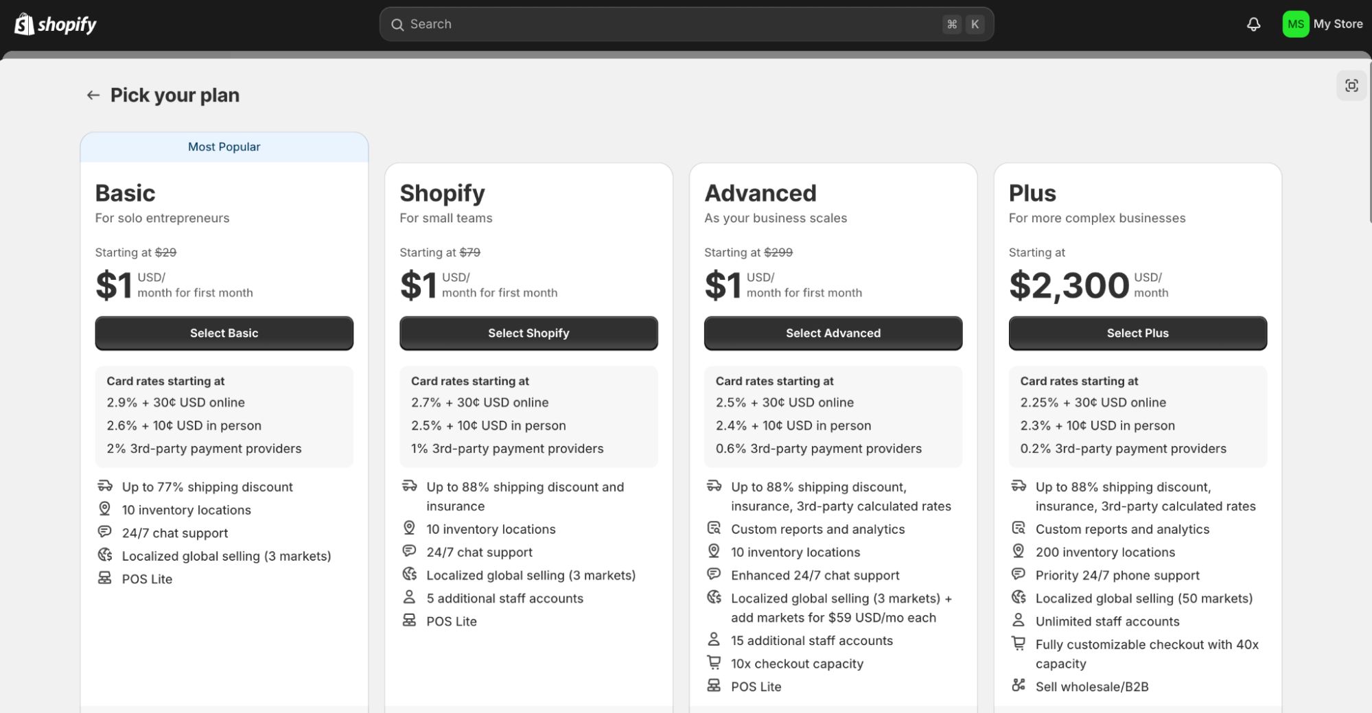 Setting up your Shopify account - selecting plan