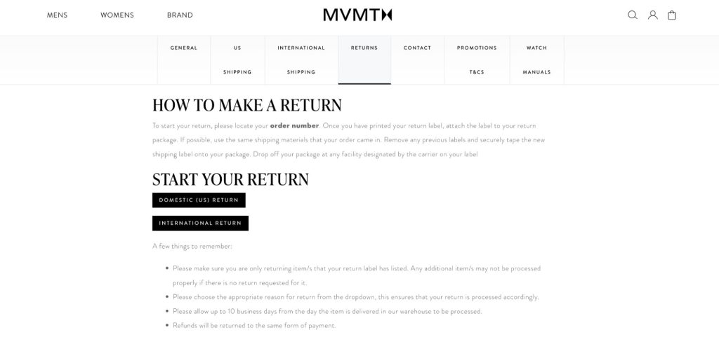 Page with return policy